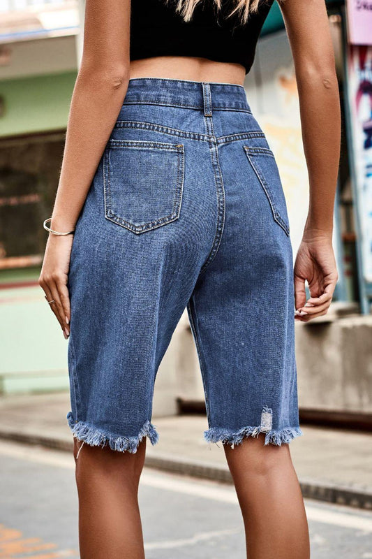 Raw Hem High Waist Denim Shorts with Pockets Carauana Store
