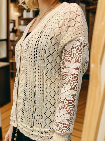 Eyelet Button Up Lantern Sleeve Cardigan Carauana Store
