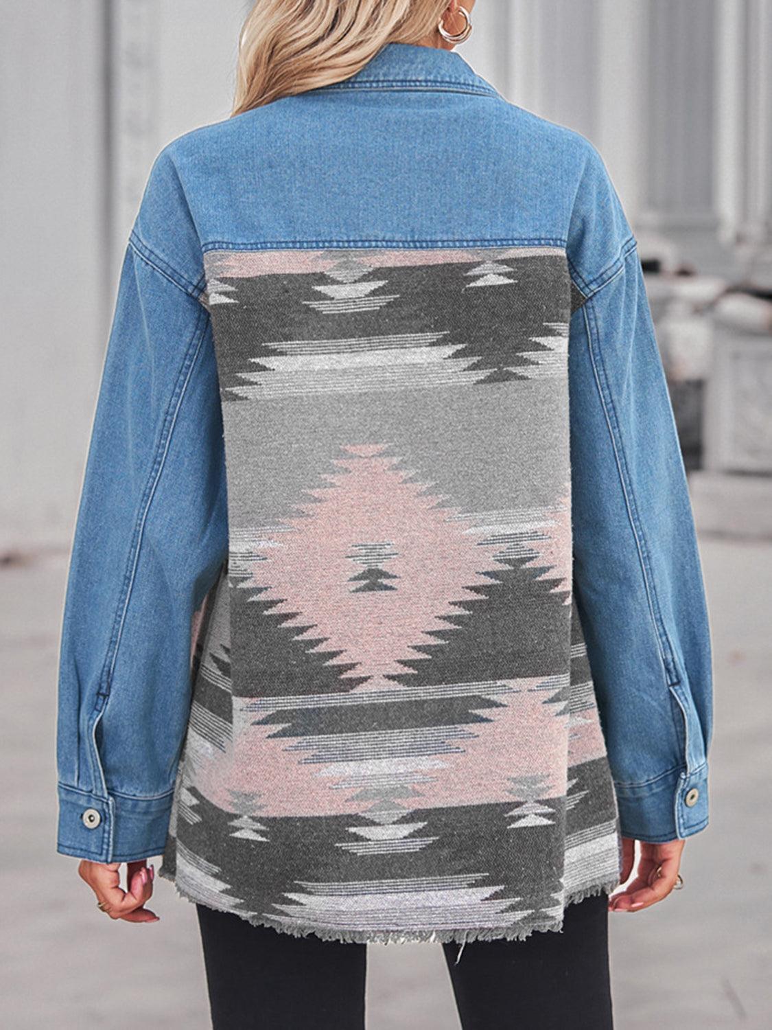 Geometric Raw Hem Button Up Denim Jacket Carauana Store