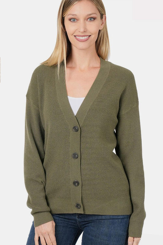 Zenana Button Up V-Neck Dropped Shoulder Cardigan Carauana Store