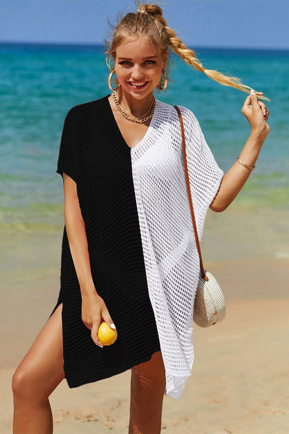 Double Take Openwork Contrast Slit Knit Cover Up Carauana Store