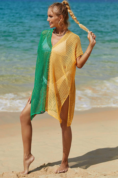 Double Take Openwork Contrast Slit Knit Cover Up Carauana Store