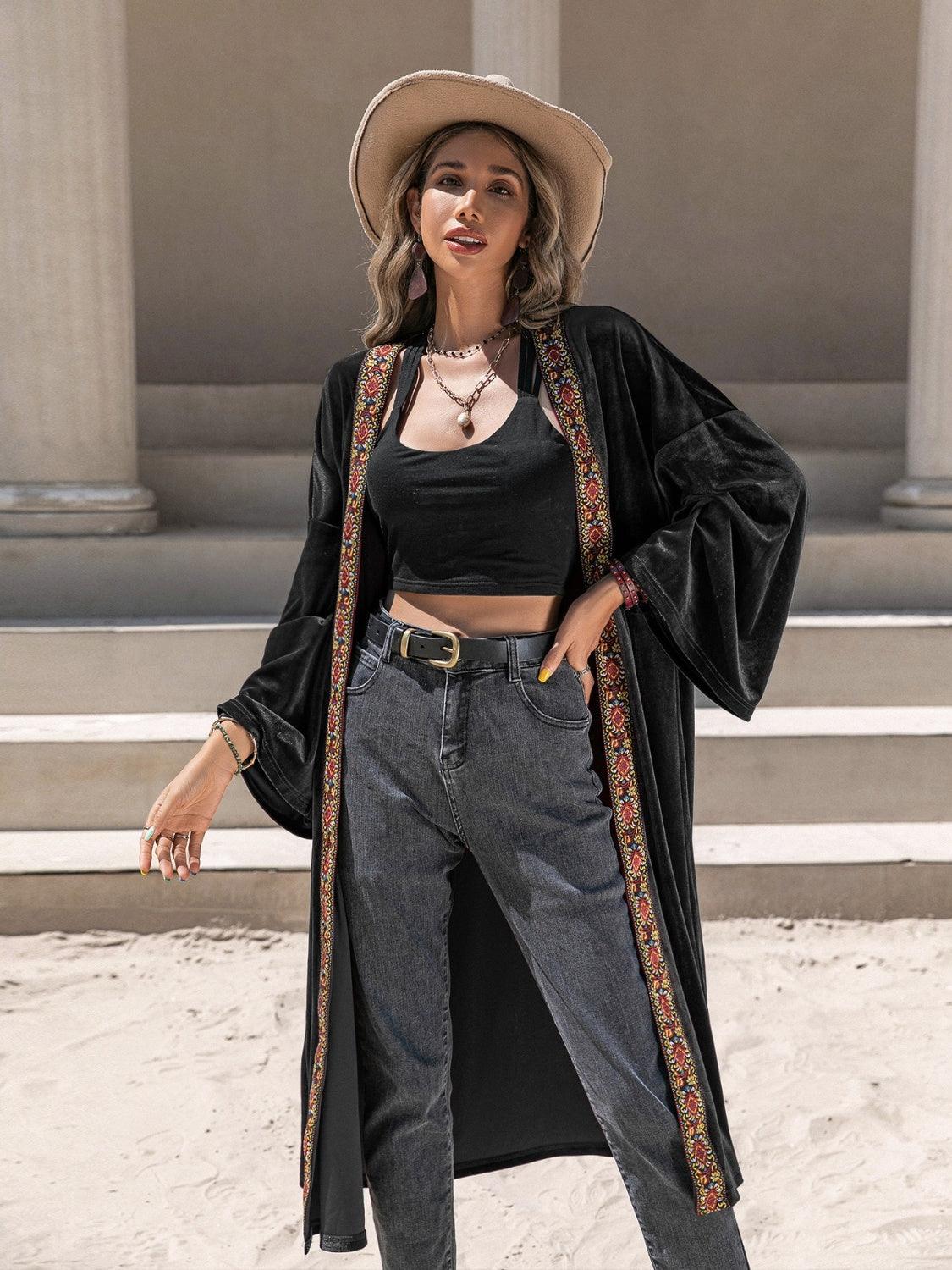 Printed Trim Open Front Flare Sleeve Cardigan Carauana Store