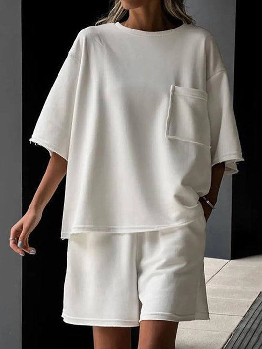 Pocketed Round Neck Half Sleeve Top and Shorts Set Carauana Store