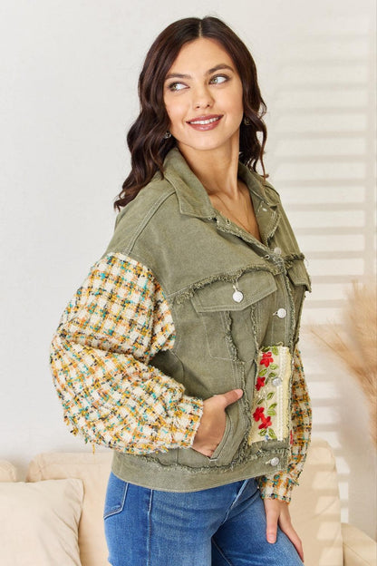 POL Embroidered Button Down Raw Hem Shacket Carauana Store