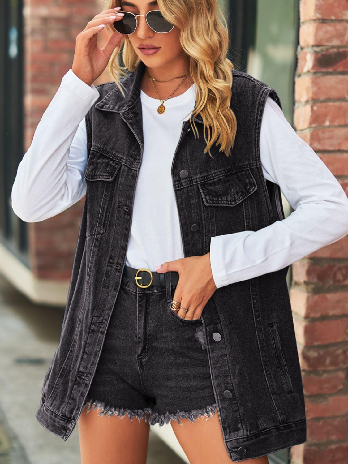 Collared Neck Sleeveless Denim Top with Pockets Carauana Store