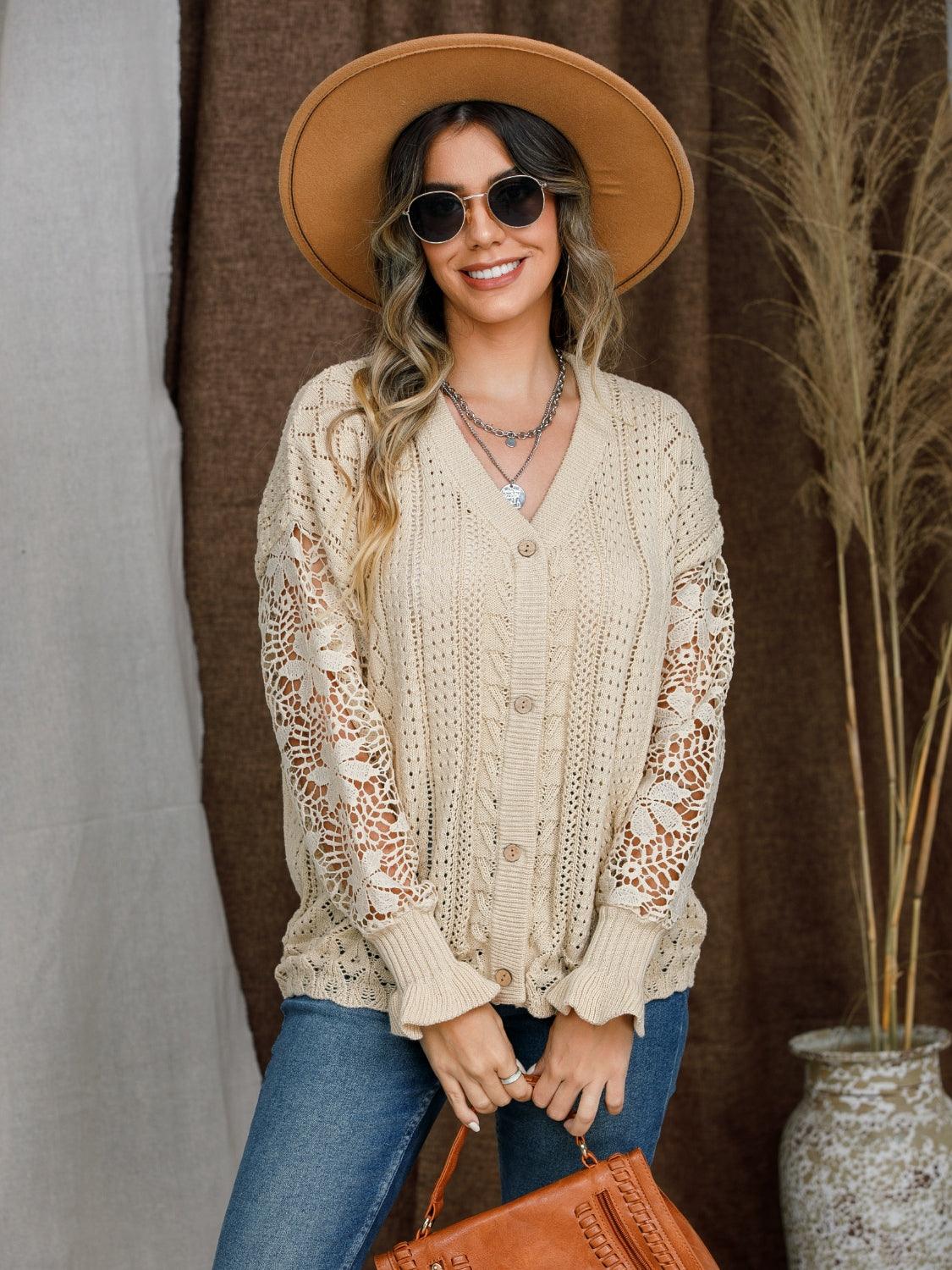 Eyelet Button Up Lantern Sleeve Cardigan Carauana Store
