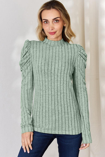 Basic Bae Full Size Ribbed Mock Neck Puff Sleeve T-Shirt Carauana Store