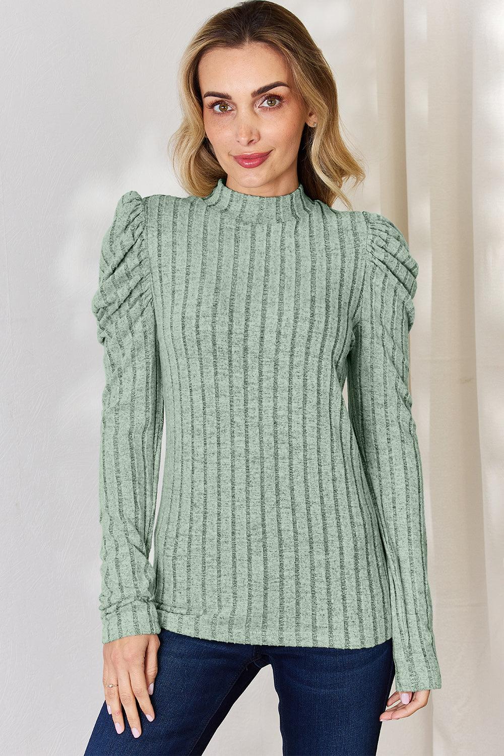Basic Bae Full Size Ribbed Mock Neck Puff Sleeve T-Shirt Carauana Store