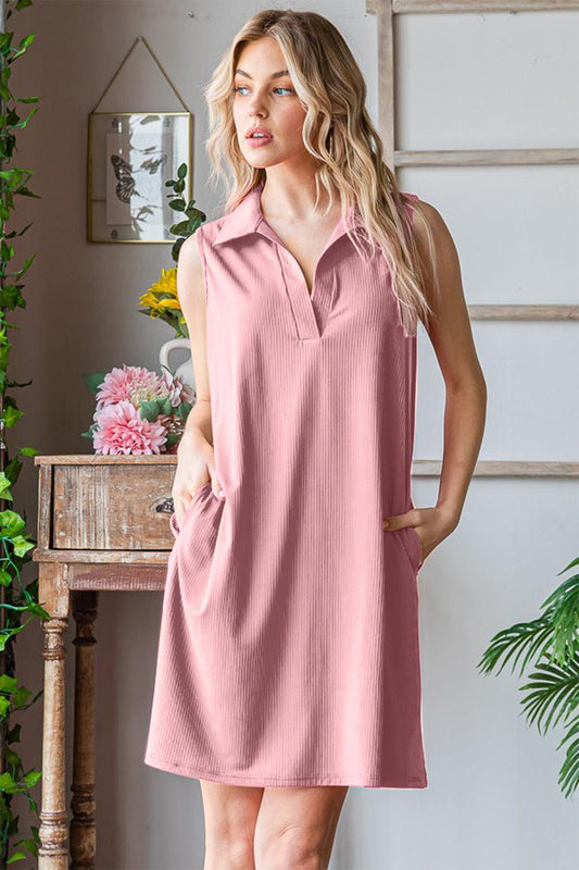 Heimish Full Size Ribbed Johnny Collar Sleeveless Dress Carauana Store