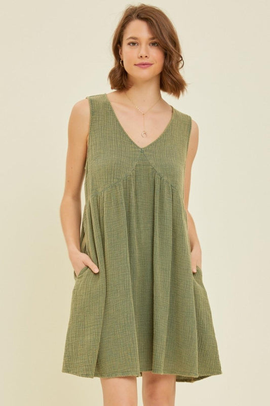 HEYSON Full Size Texture V-Neck Sleeveless Flare Mini Dress Carauana Store