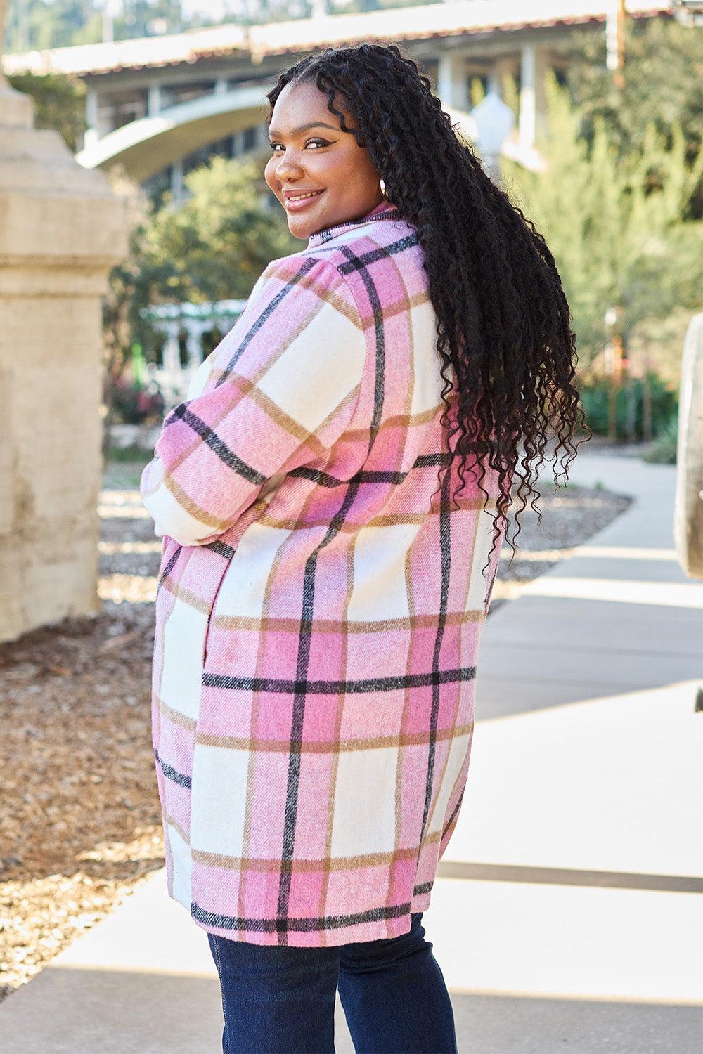 Double Take Full Size Plaid Button Up Lapel Collar Coat Carauana Store