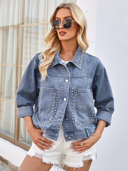 Studded Long Sleeve Denim Jacket Carauana Store