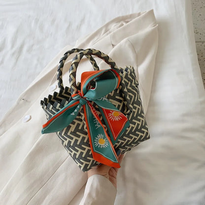 Contrast Woven Handbag with Ribbon Carauana Store