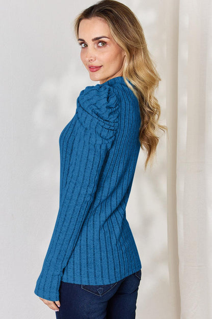 Basic Bae Full Size Ribbed Mock Neck Puff Sleeve T-Shirt Carauana Store