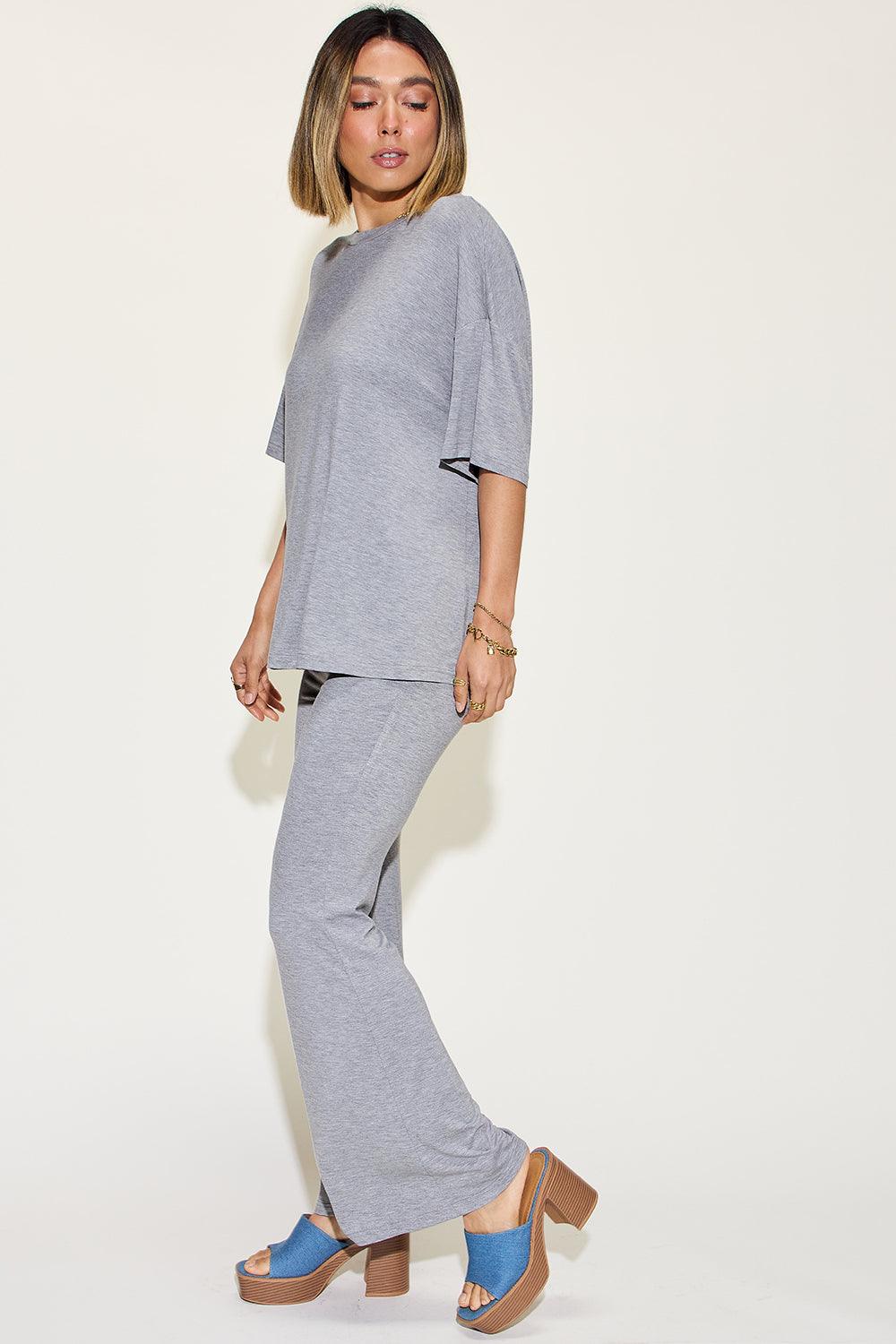 Basic Bae Full Size Bamboo Drop Shoulder T-Shirt and Flare Pants Set Carauana Store