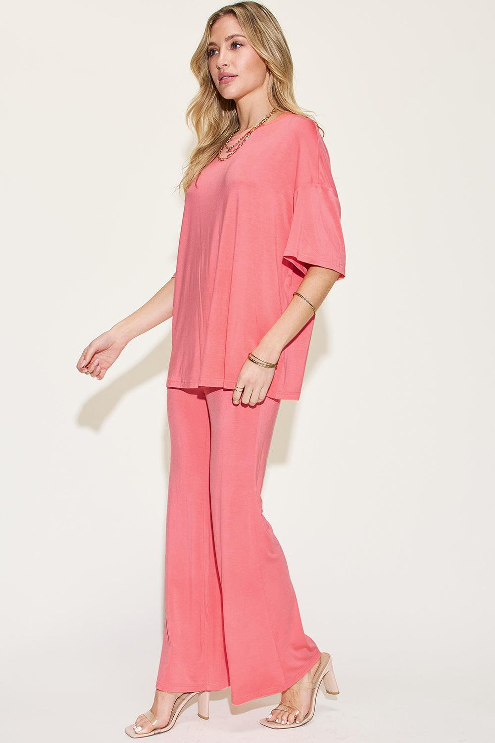 Basic Bae Full Size Bamboo Drop Shoulder T-Shirt and Flare Pants Set Carauana Store