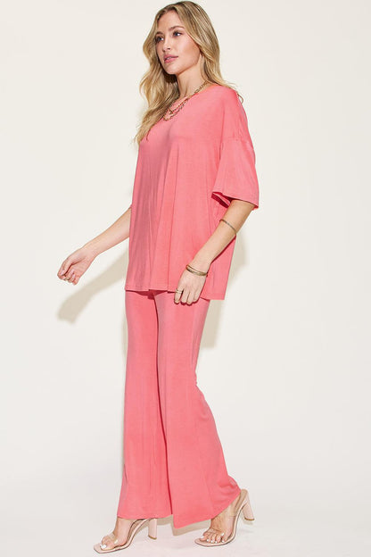 Basic Bae Full Size Bamboo Drop Shoulder T-Shirt and Flare Pants Set Carauana Store