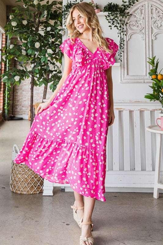Reborn J Printed V-Neck Ruffle Trim Tiered Midi Dress Carauana Store