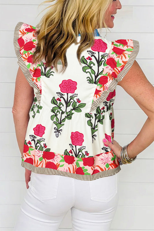 Pink Floral Print Tie Neck Striped Detail Flutter Sleeve Blouse