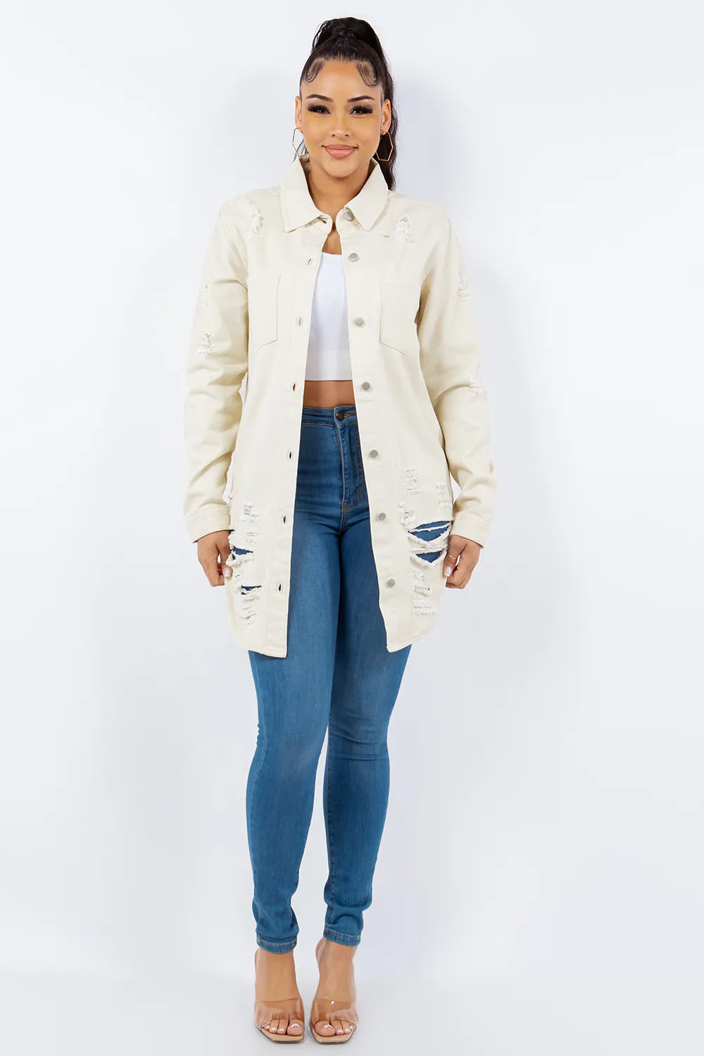 American Bazi Distressed Button Up Long Sleeve Denim Jacket Carauana Store