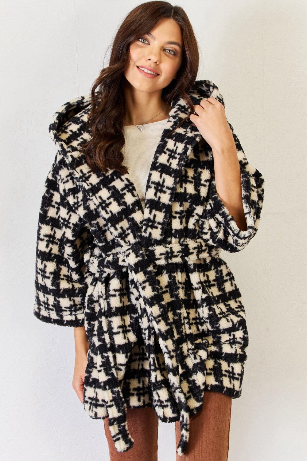J.NNA Fuzzy Plaid Waist Tie Hooded Robe Cardigan Carauana Store