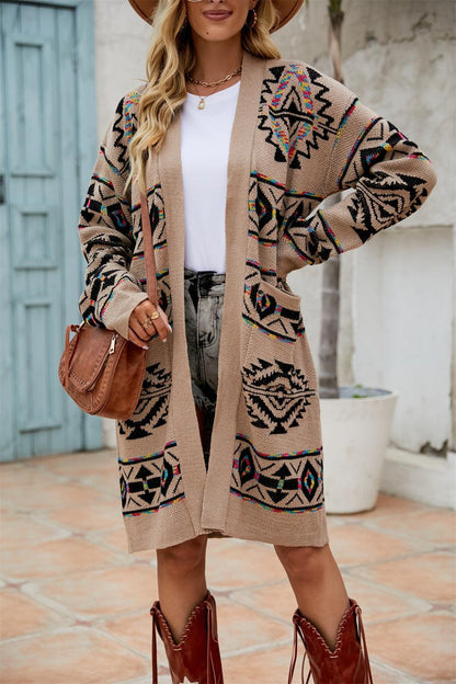 Angel Wings Pocketed Geometric Open Front Dropped Shoulder Cardigan Carauana Store