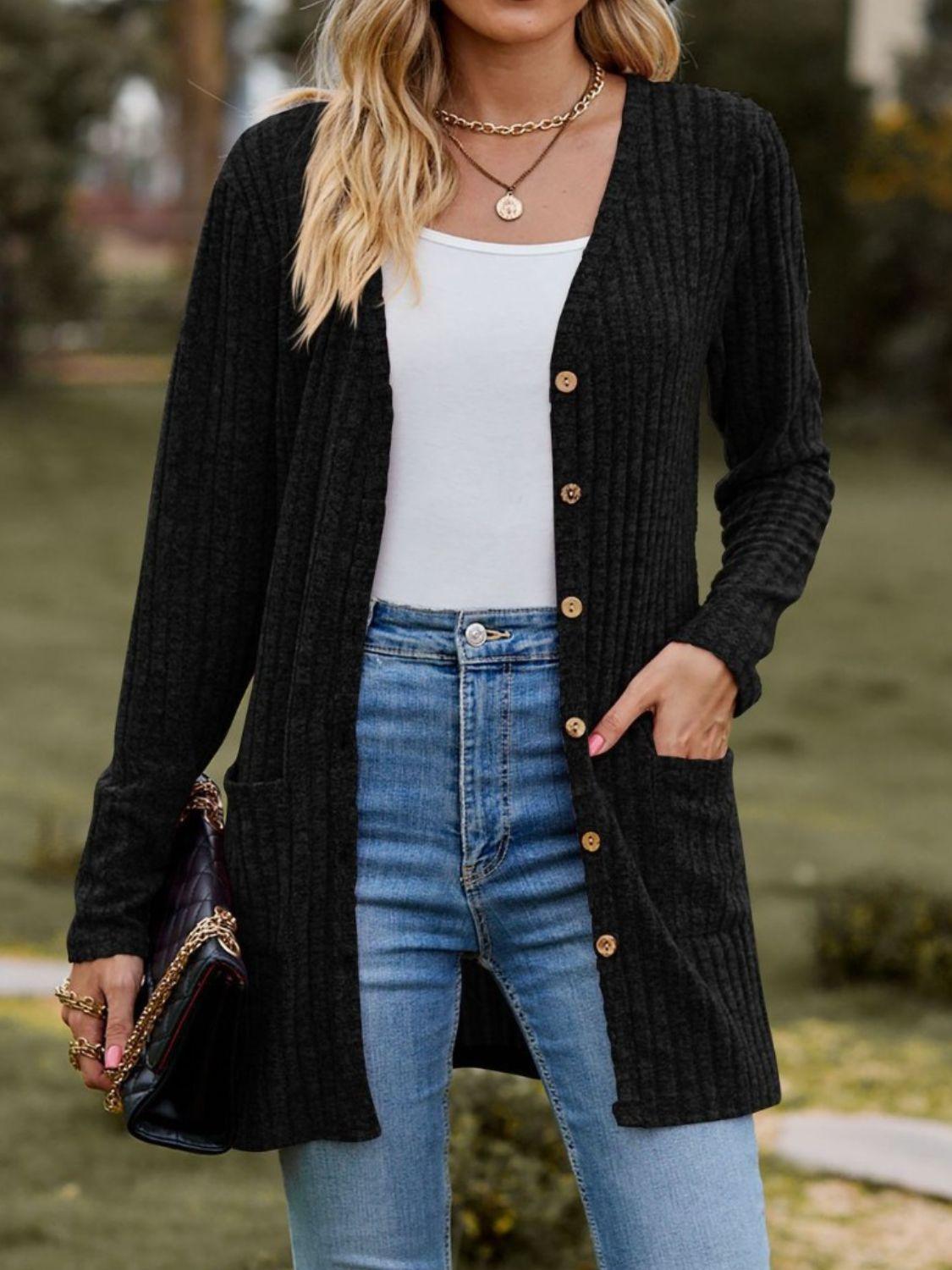 Ribbed Button Up Long Sleeve Cardigan Carauana Store