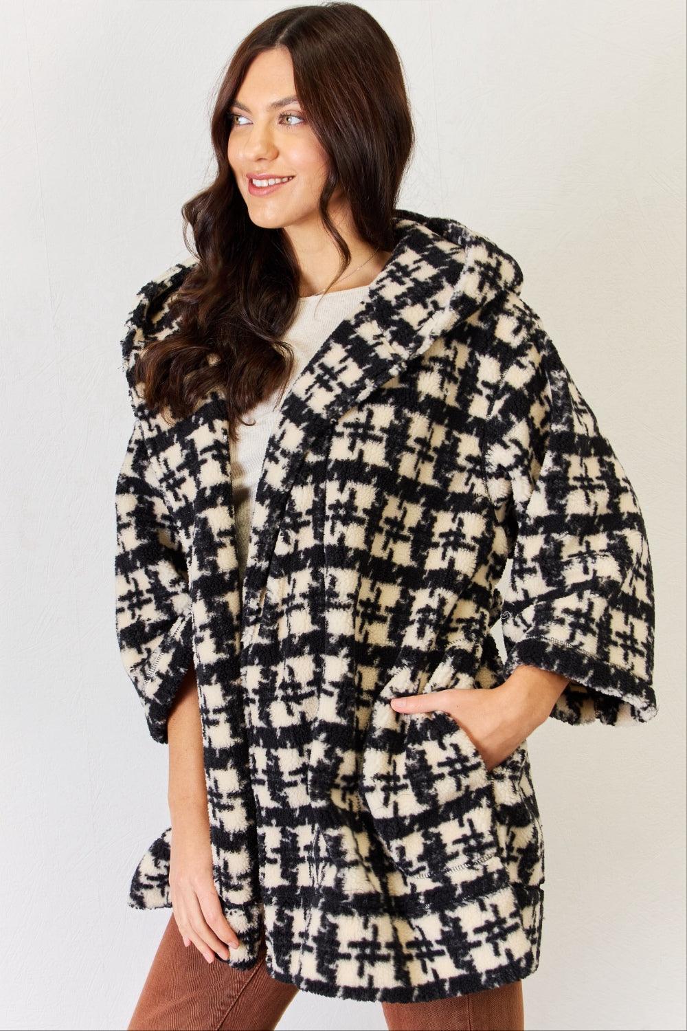J.NNA Fuzzy Plaid Waist Tie Hooded Robe Cardigan Carauana Store