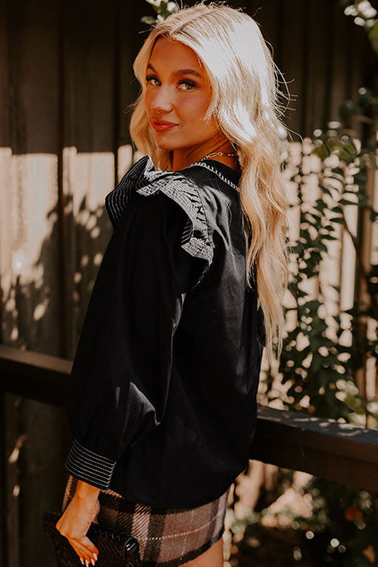 Black Contrast Stitched Detail V Neck Ruffle Long Sleeve Blouse