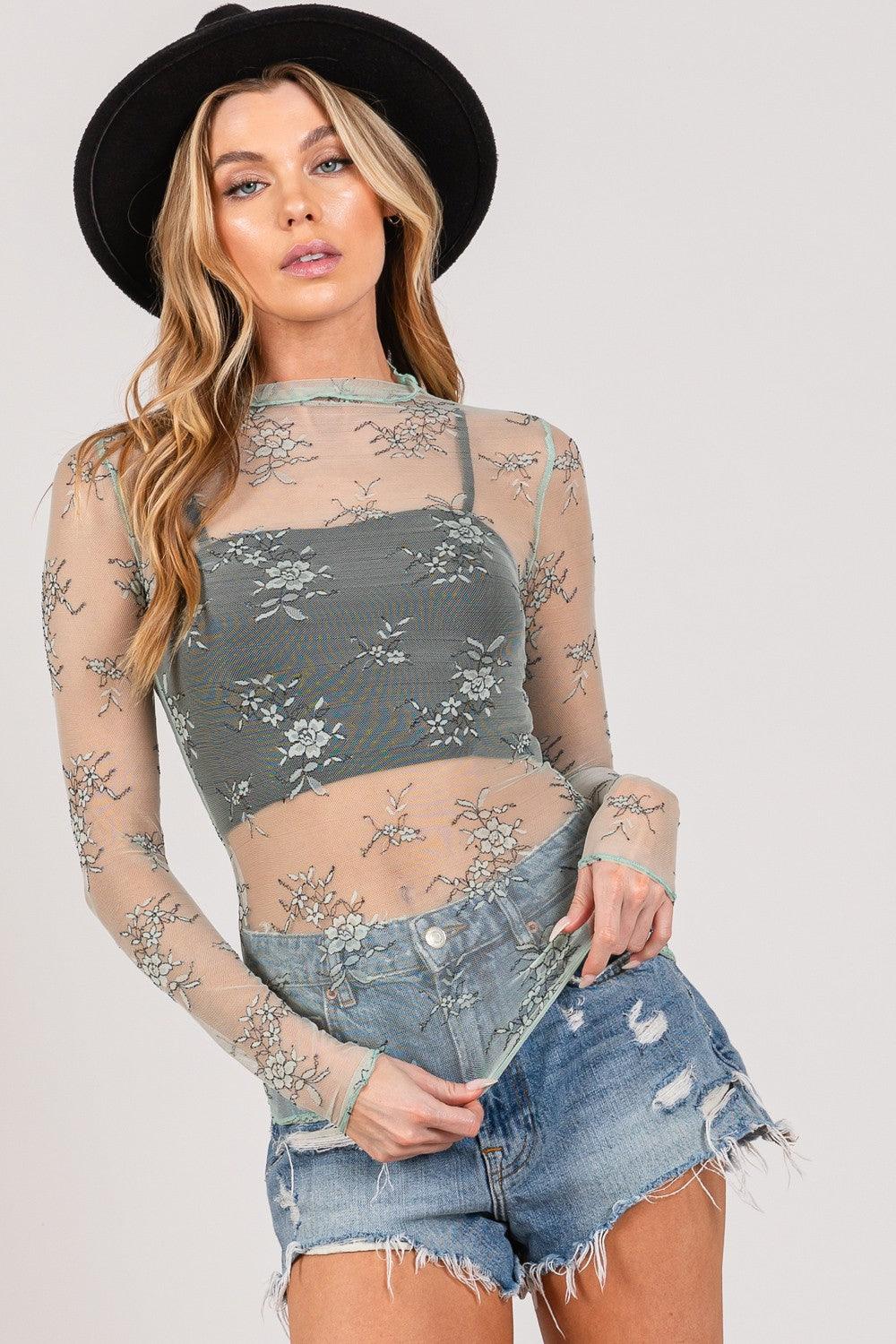 SAGE + FIG Mesh Long Sleeve Sheer Floral Embroidery Top Carauana Store