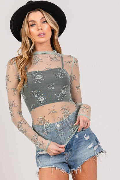 SAGE + FIG Mesh Long Sleeve Sheer Floral Embroidery Top Carauana Store