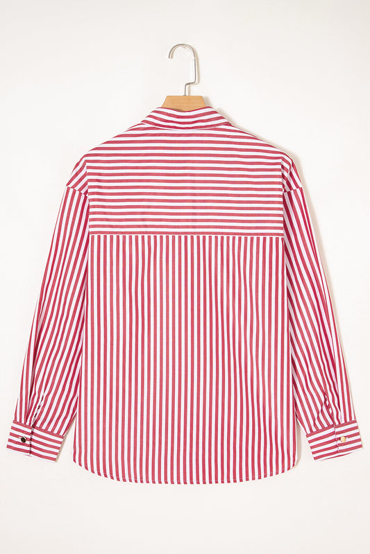 Red Stripe Patched Pocket Side Slit Loose Shirt