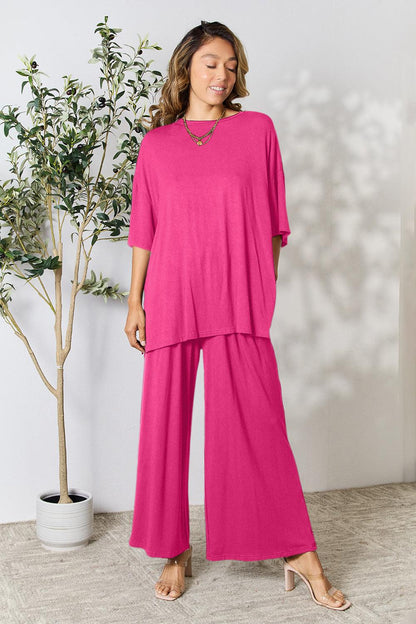 Double Take Full Size Round Neck Slit Top and Pants Set Carauana Store