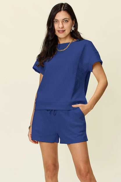 Double Take Full Size Texture Short Sleeve T-Shirt and Drawstring Shorts Set Carauana Store