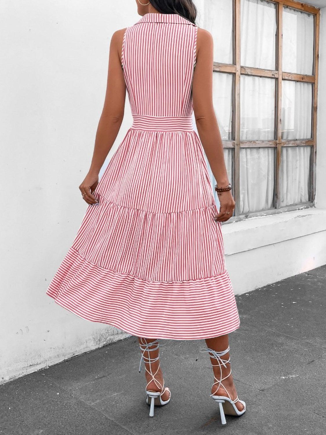 Striped Johnny Collar Sleeveless Midi Dress Carauana Store