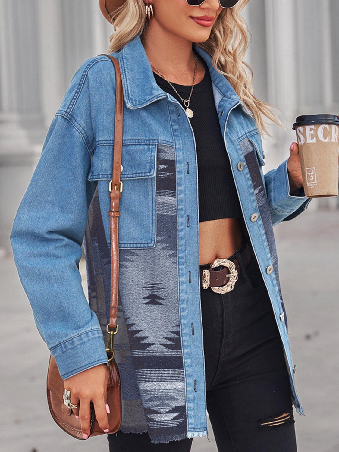 Geometric Raw Hem Button Up Denim Jacket Carauana Store