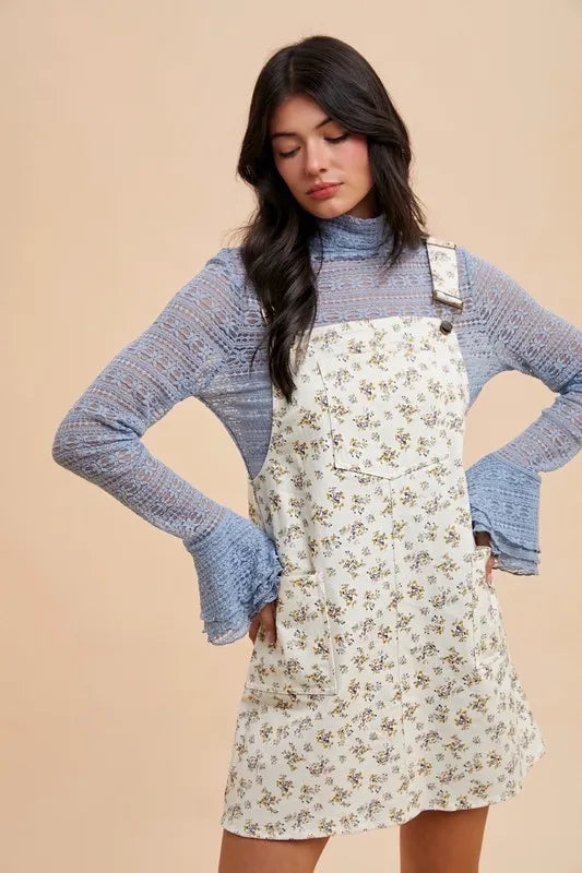 Annie Wear Stretch Ditsy Print Denim Overall Mini Dress Carauana Store
