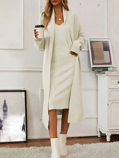 V-Neck Cami Dress and Open Front Cardigan Sweater Set Carauana Store