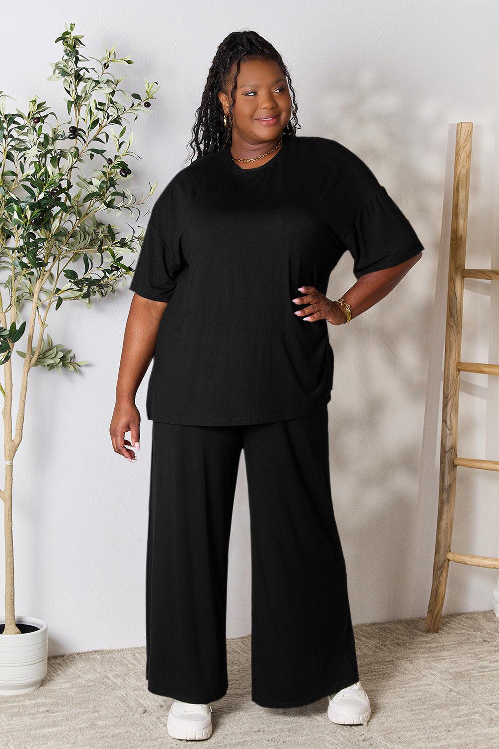 Double Take Full Size Round Neck Slit Top and Pants Set Carauana Store