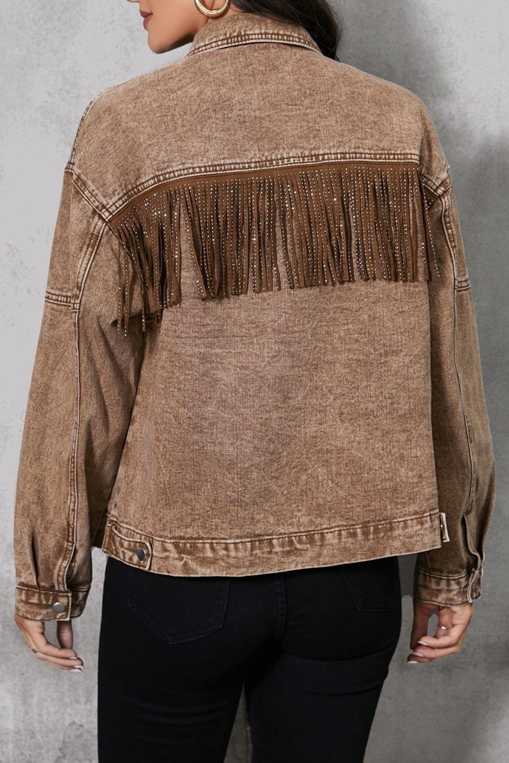 Fringe Trim Snap Down Denim Jacket Carauana Store