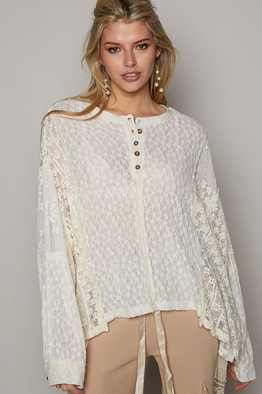 POL Round Neck Long Sleeve Raw Edge Lace Top Carauana Store