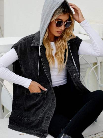 Hooded Sleeveless Denim Top with Pockets Carauana Store
