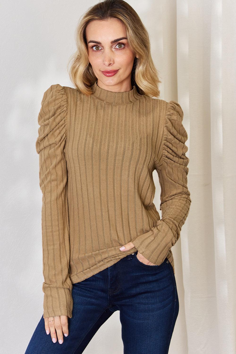 Basic Bae Full Size Ribbed Mock Neck Puff Sleeve T-Shirt Carauana Store