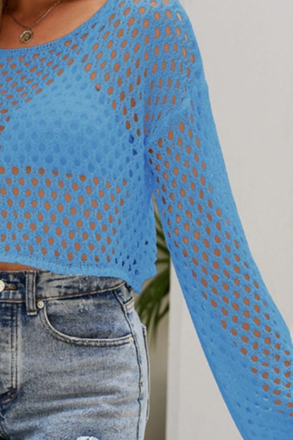 Openwork Round Neck Dropped Shoulder Knit Top Carauana Store