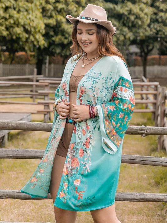 Plus Size Printed Open Front Long Sleeve Cover Up Carauana Store