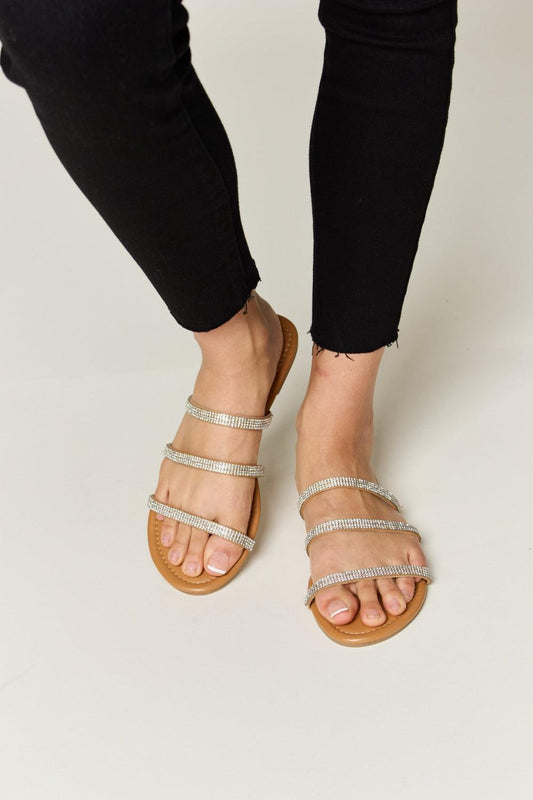 WILD DIVA Rhinestone Three-Strap Flat Sandals Carauana Store