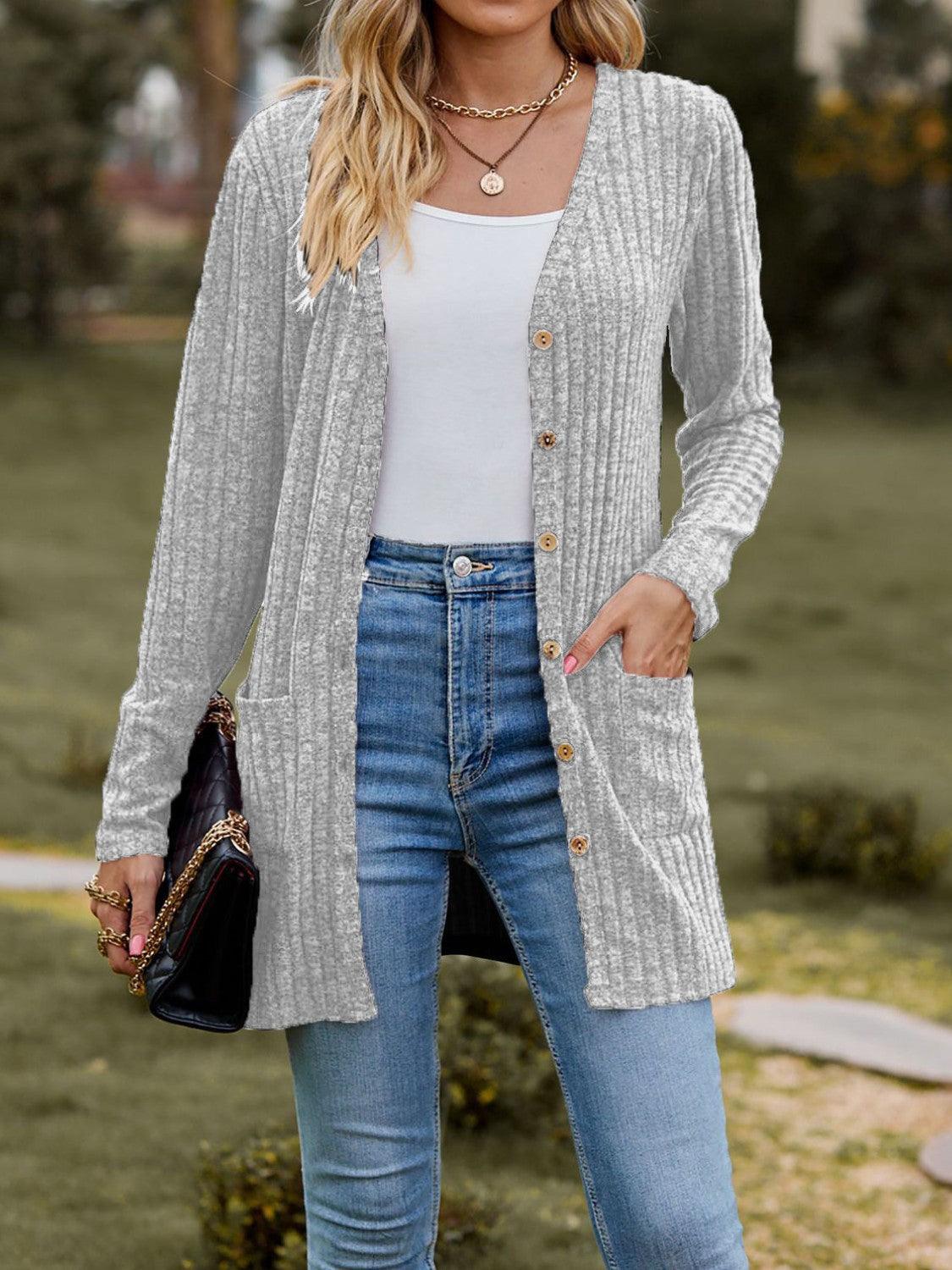 Ribbed Button Up Long Sleeve Cardigan Carauana Store