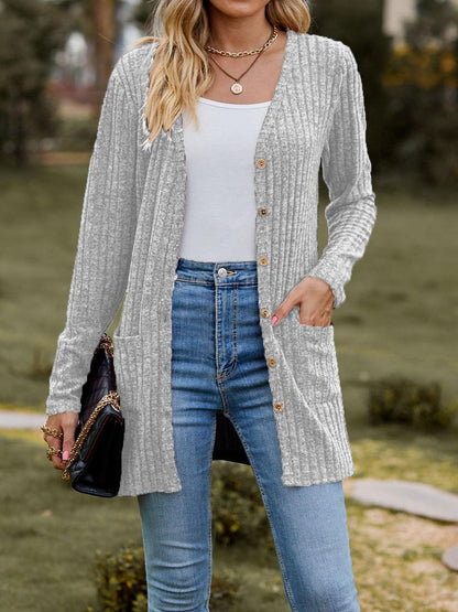 Ribbed Button Up Long Sleeve Cardigan Carauana Store
