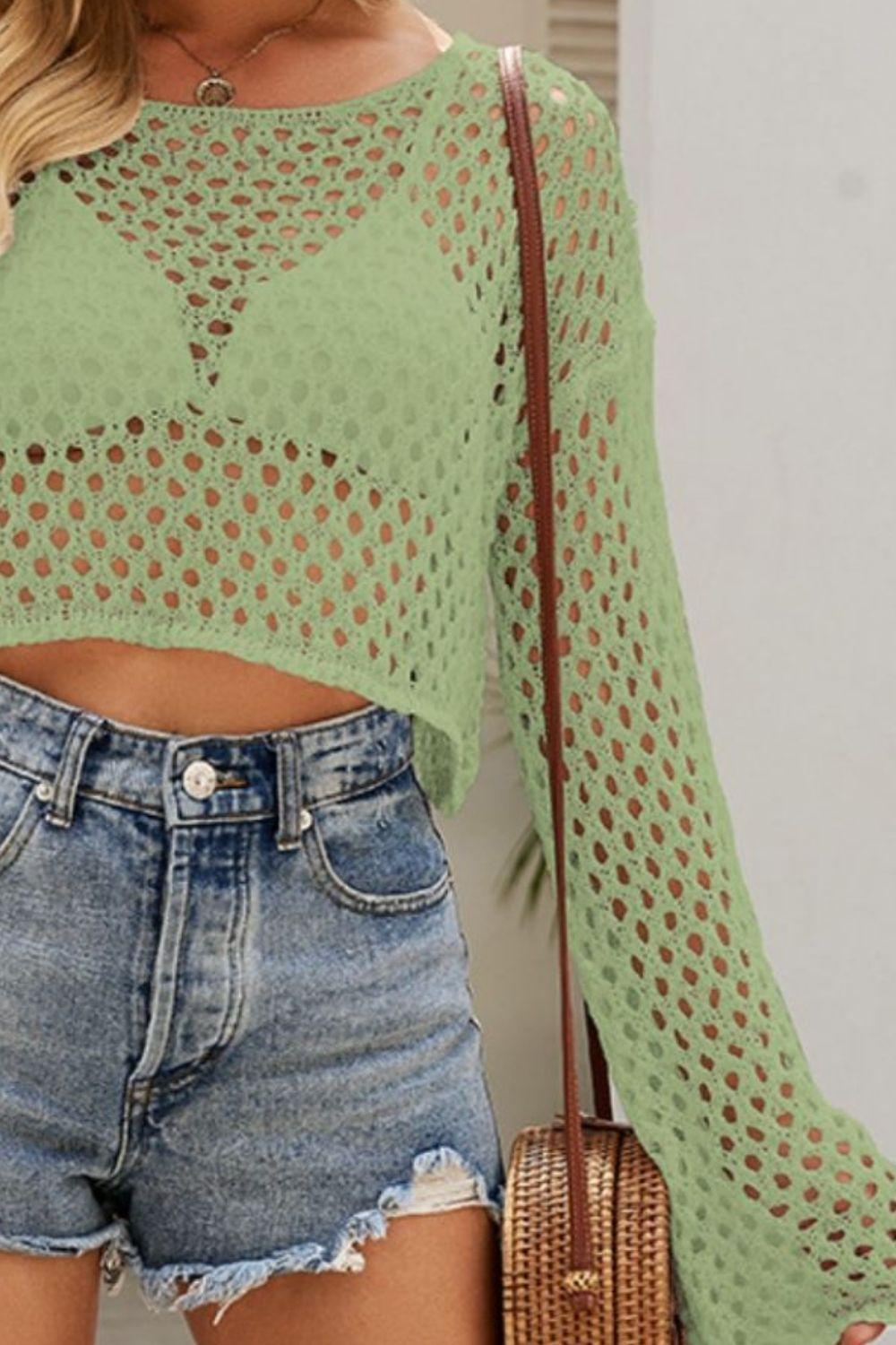 Openwork Round Neck Dropped Shoulder Knit Top Carauana Store